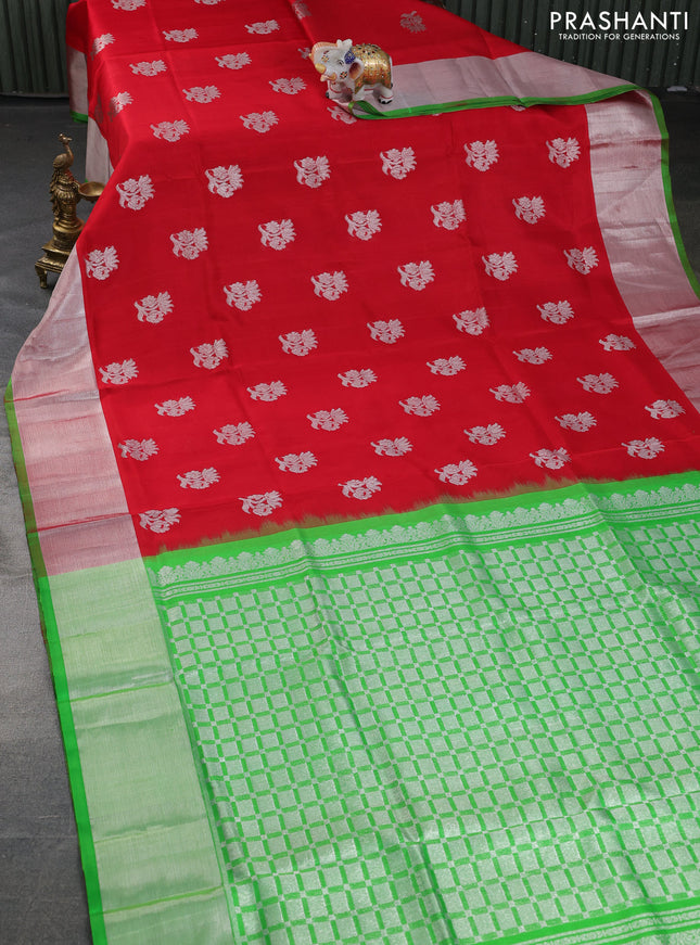 Venkatagiri silk saree red and green with silver zari woven floral buttas and silver zari woven border