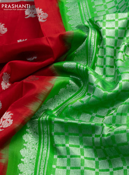 Venkatagiri silk saree red and green with silver zari woven floral buttas and silver zari woven border
