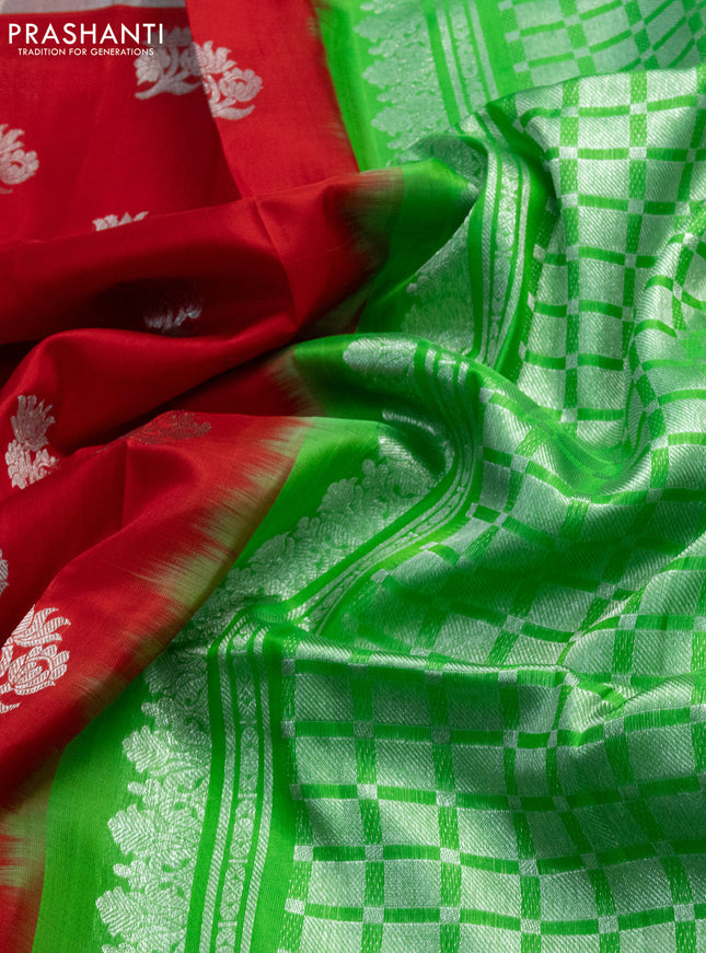 Venkatagiri silk saree red and green with silver zari woven floral buttas and silver zari woven border