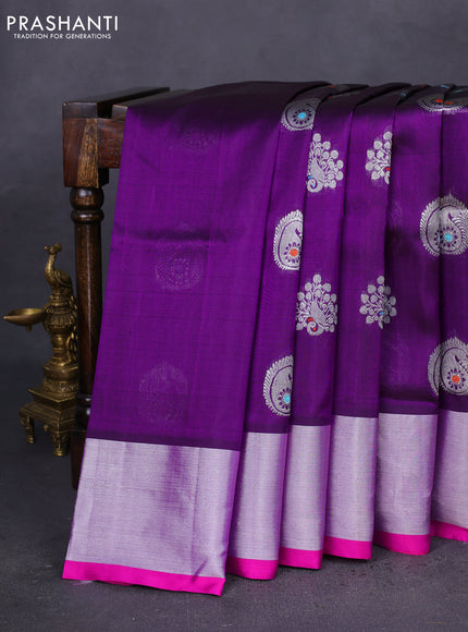 Venkatagiri silk saree violet and pink with silver zari woven buttas and silver zari woven border