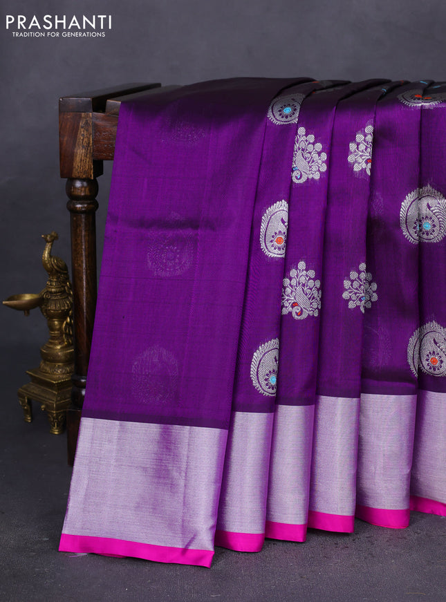 Venkatagiri silk saree violet and pink with silver zari woven buttas and silver zari woven border