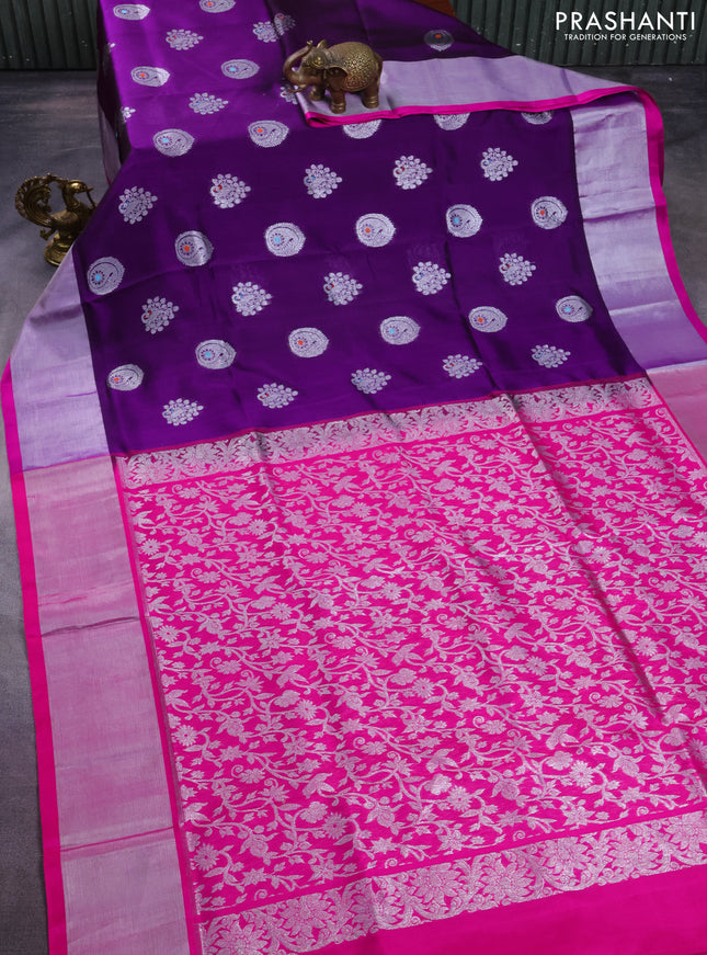 Venkatagiri silk saree violet and pink with silver zari woven buttas and silver zari woven border