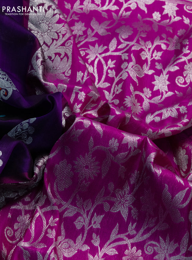 Venkatagiri silk saree violet and pink with silver zari woven buttas and silver zari woven border