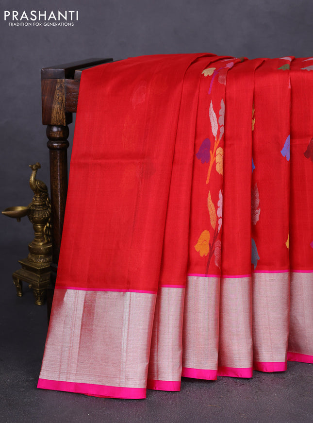Venkatagiri silk saree red and pink with allover jamdani weaves and silver zari woven border