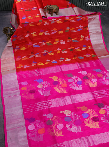 Venkatagiri silk saree red and pink with allover jamdani weaves and silver zari woven border