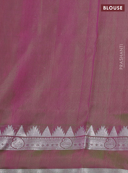 Venkatagiri silk saree dual shade of pinkish orange and dual shade of green with plain body and rettapet silver zari woven border