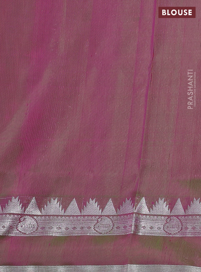 Venkatagiri silk saree dual shade of pinkish orange and dual shade of green with plain body and rettapet silver zari woven border