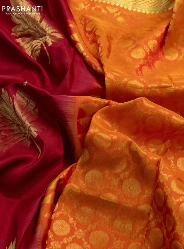 Venkatagiri silk saree maroon and orange with zari woven leaf buttas and rich zari woven border