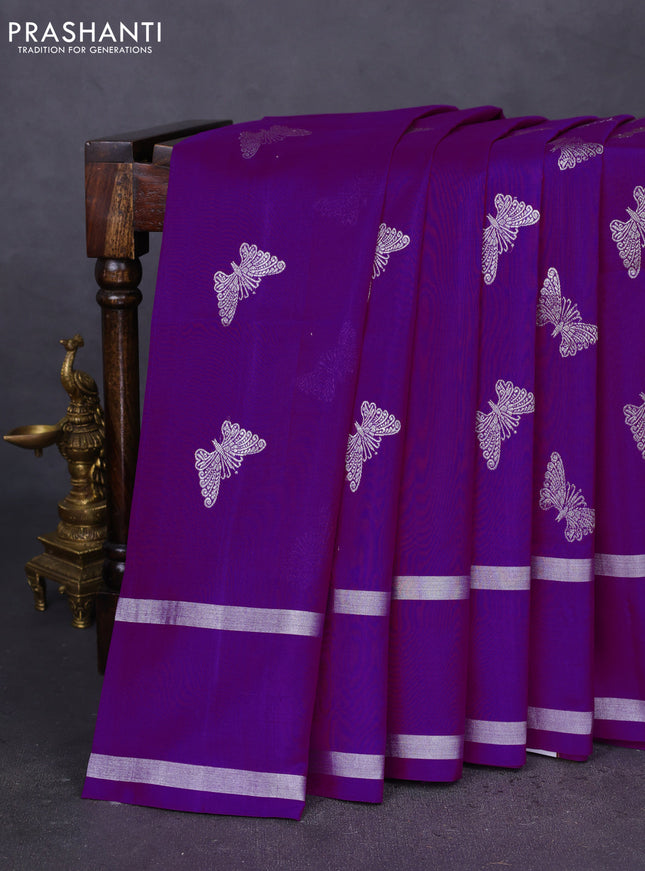 Venkatagiri silk saree purple and yellow with silver zari woven butterfly buttas and rettapet silver zari woven border