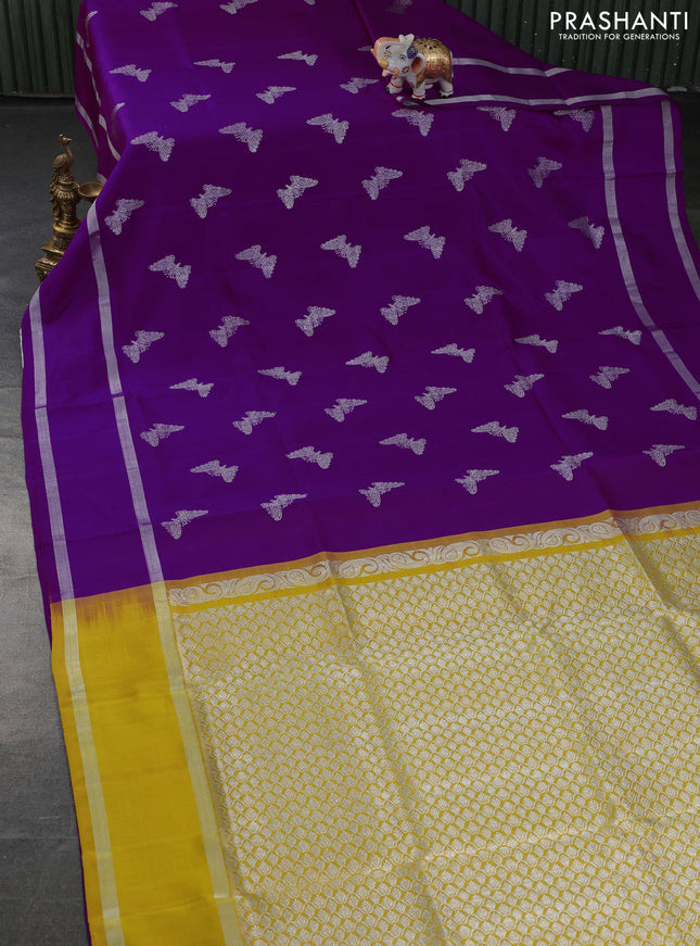 Venkatagiri silk saree purple and yellow with silver zari woven butterfly buttas and rettapet silver zari woven border