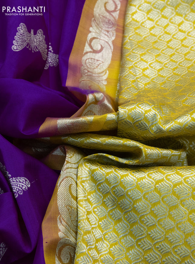 Venkatagiri silk saree purple and yellow with silver zari woven butterfly buttas and rettapet silver zari woven border