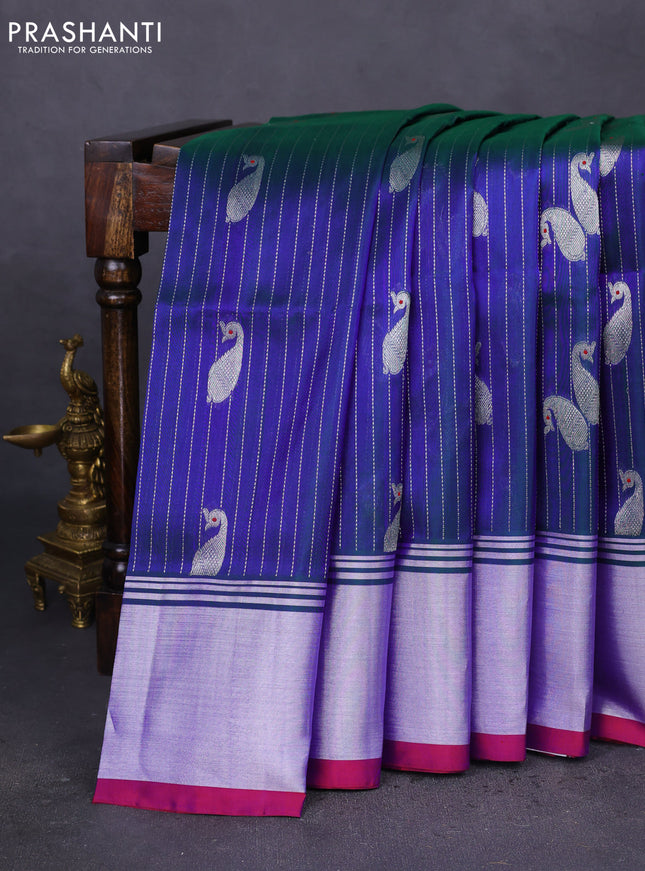 Venkatagiri silk saree dual shade of bluish green and maroon with allover silver zari weaves and silver zari woven border