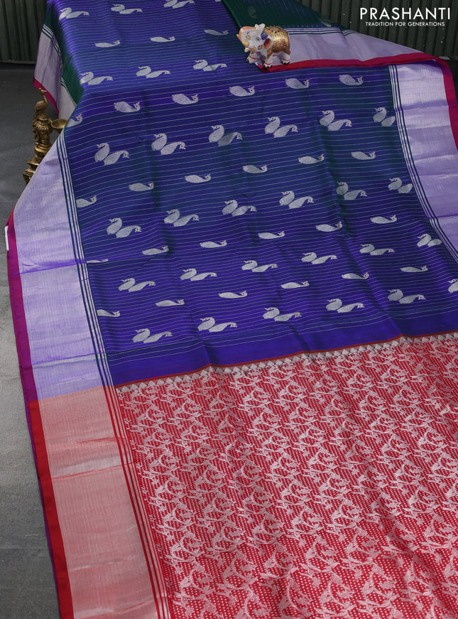 Venkatagiri silk saree dual shade of bluish green and maroon with allover silver zari weaves and silver zari woven border
