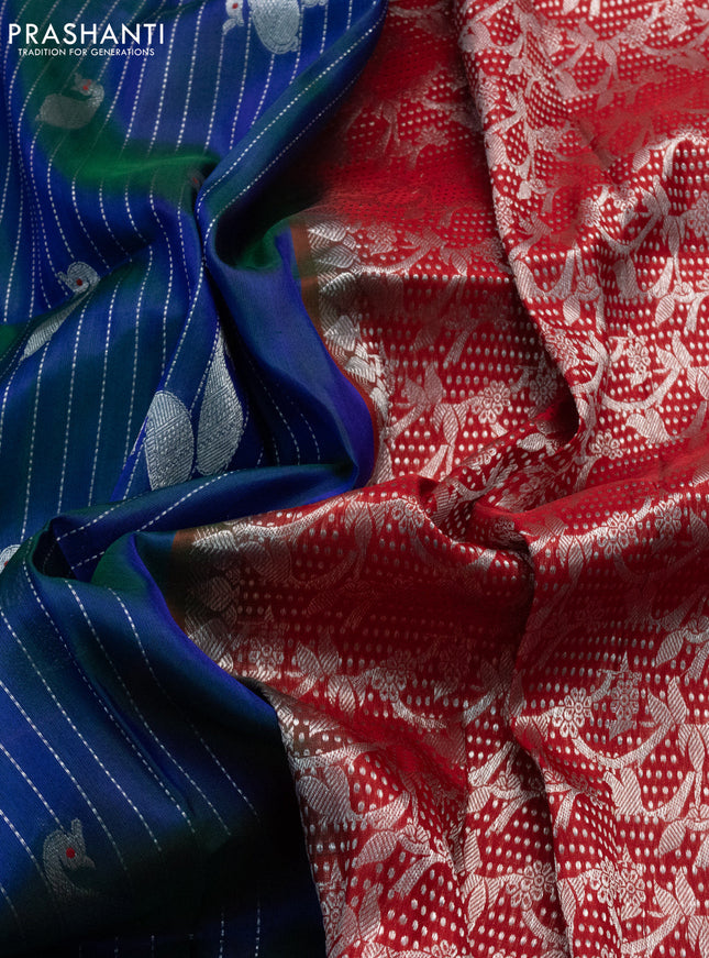 Venkatagiri silk saree dual shade of bluish green and maroon with allover silver zari weaves and silver zari woven border