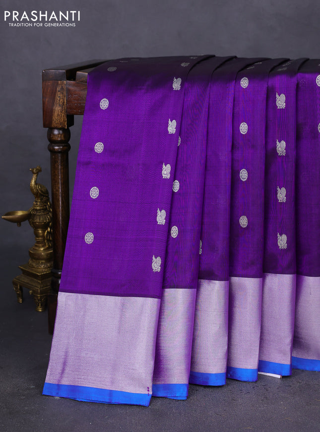 Venkatagiri silk saree violet and cs blue with silver zari woven buttas and silver zari woven border