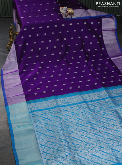 Venkatagiri silk saree violet and cs blue with silver zari woven buttas and silver zari woven border