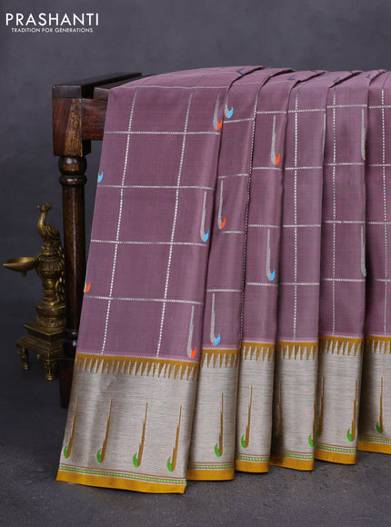 Venkatagiri silk saree rosy brown and dark mustard with allover silver zari checks & muniya buttas and silver zari woven muniya butta style border