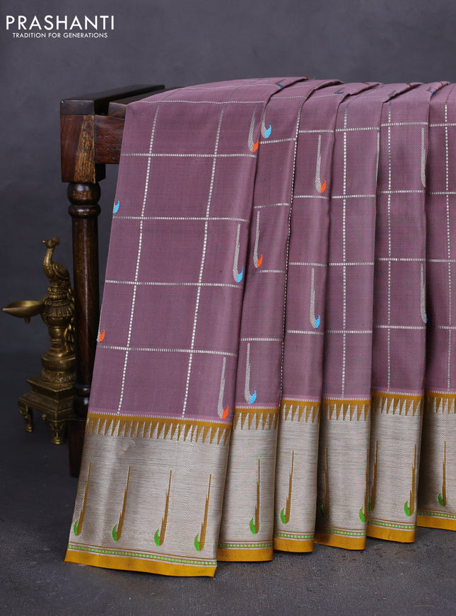 Venkatagiri silk saree rosy brown and dark mustard with allover silver zari checks & muniya buttas and silver zari woven muniya butta style border