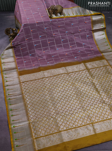 Venkatagiri silk saree rosy brown and dark mustard with allover silver zari checks & muniya buttas and silver zari woven muniya butta style border