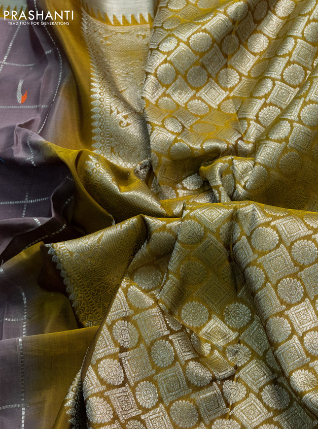 Venkatagiri silk saree rosy brown and dark mustard with allover silver zari checks & muniya buttas and silver zari woven muniya butta style border