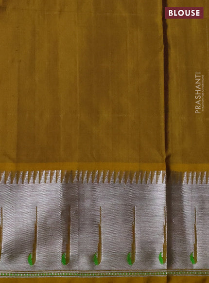 Venkatagiri silk saree rosy brown and dark mustard with allover silver zari checks & muniya buttas and silver zari woven muniya butta style border