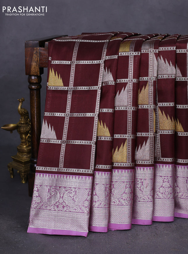 Venkatagiri silk saree coffee brown and pastel purple with allover silver zari checks & temple buttas and peacock silver zari woven border