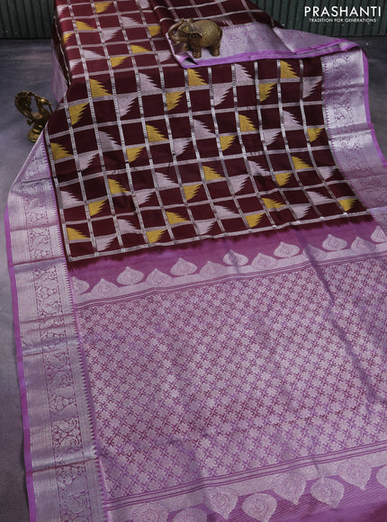 Venkatagiri silk saree coffee brown and pastel purple with allover silver zari checks & temple buttas and peacock silver zari woven border
