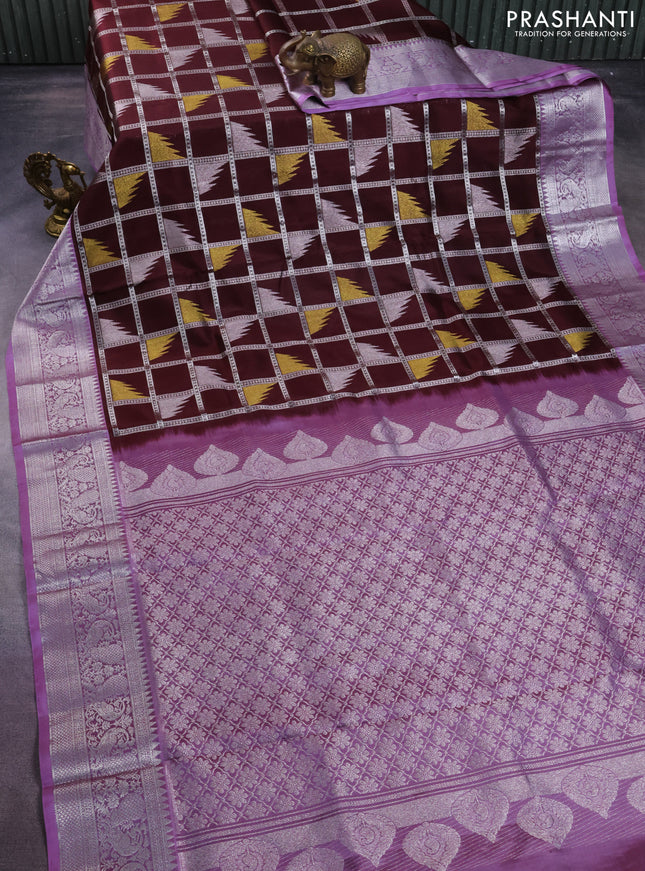 Venkatagiri silk saree coffee brown and pastel purple with allover silver zari checks & temple buttas and peacock silver zari woven border