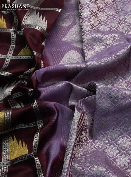 Venkatagiri silk saree coffee brown and pastel purple with allover silver zari checks & temple buttas and peacock silver zari woven border