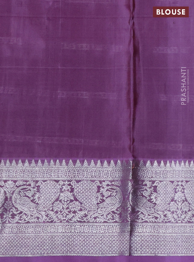 Venkatagiri silk saree coffee brown and pastel purple with allover silver zari checks & temple buttas and peacock silver zari woven border