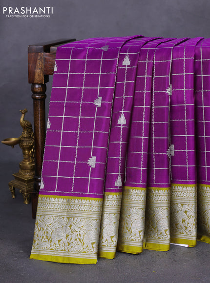 Venkatagiri silk saree purple and mehendi green with allover silver zari checks & temple buttas and elephant silver zari woven border