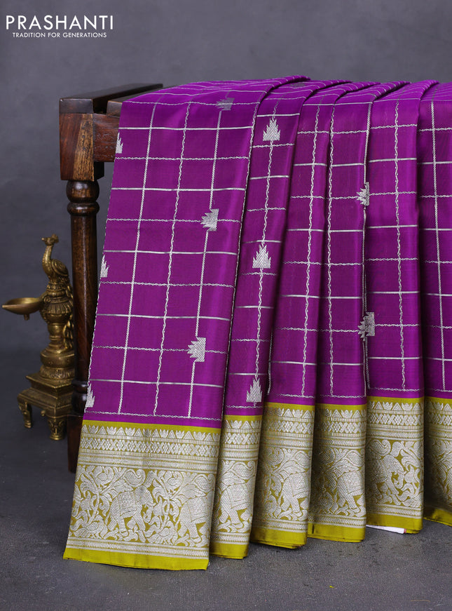 Venkatagiri silk saree purple and mehendi green with allover silver zari checks & temple buttas and elephant silver zari woven border