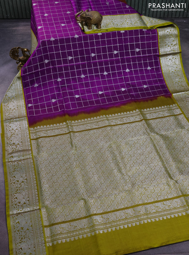 Venkatagiri silk saree purple and mehendi green with allover silver zari checks & temple buttas and elephant silver zari woven border