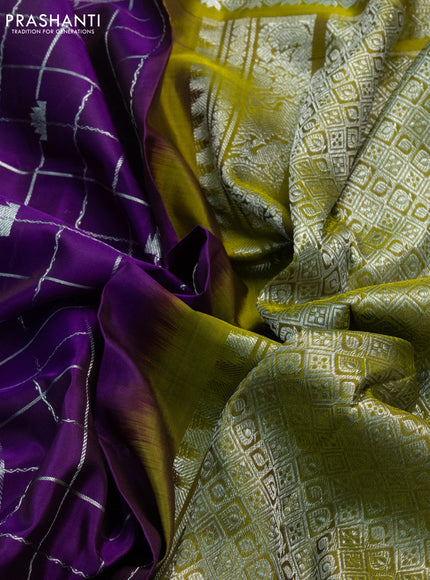 Venkatagiri silk saree purple and mehendi green with allover silver zari checks & temple buttas and elephant silver zari woven border