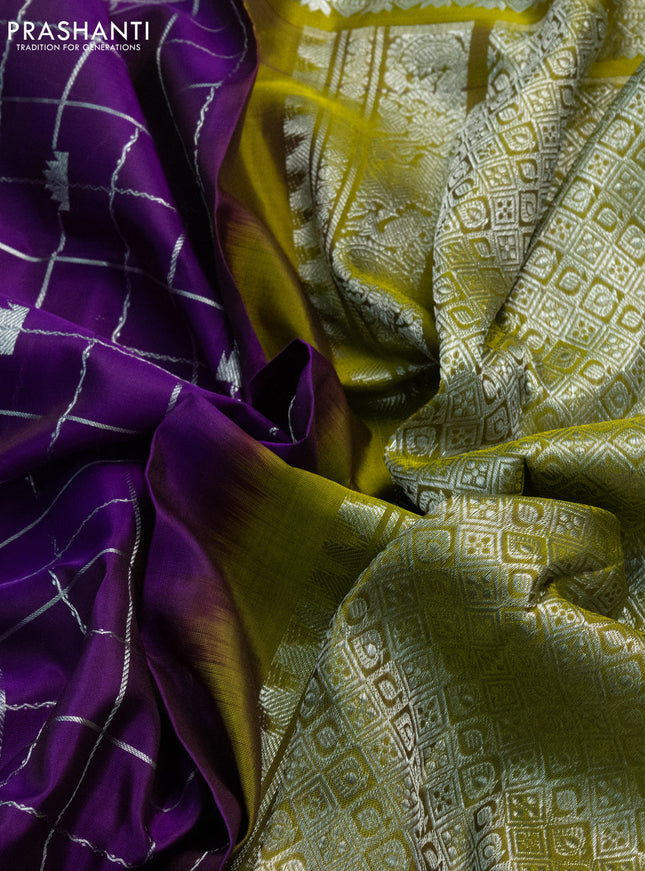 Venkatagiri silk saree purple and mehendi green with allover silver zari checks & temple buttas and elephant silver zari woven border