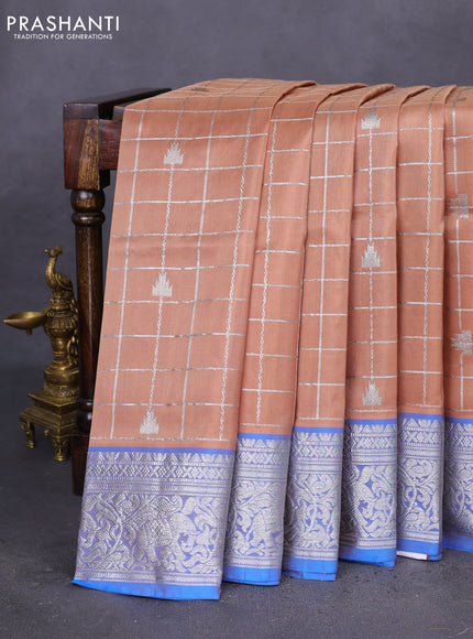 Venkatagiri silk saree sandal and blue with allover silver zari checks & temple buttas and elephant silver zari woven border