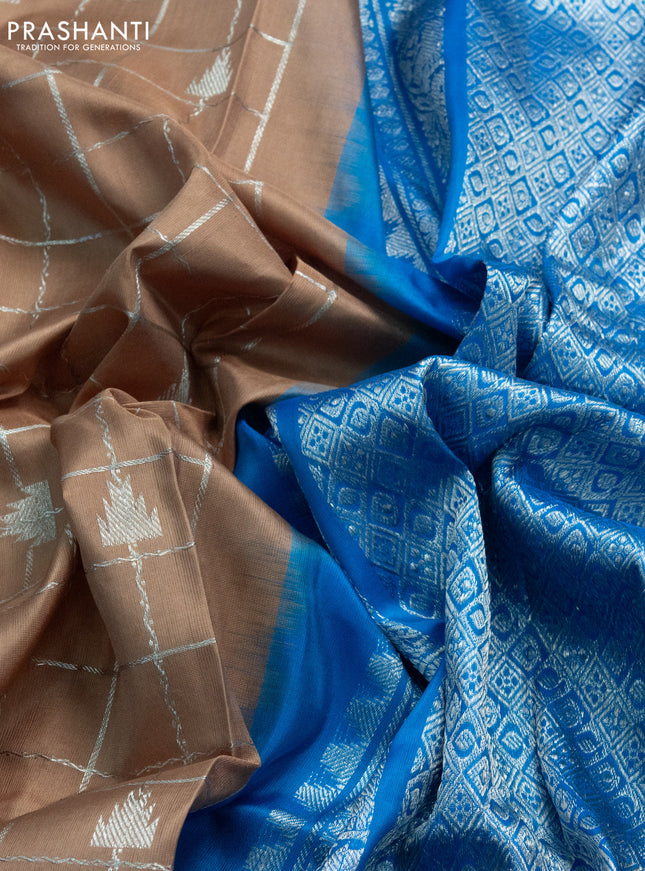 Venkatagiri silk saree sandal and blue with allover silver zari checks & temple buttas and elephant silver zari woven border