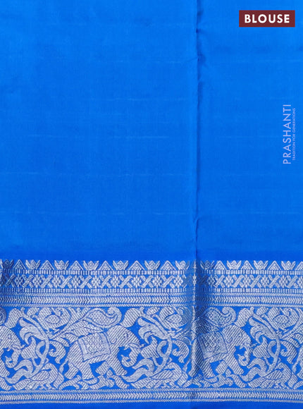 Venkatagiri silk saree sandal and blue with allover silver zari checks & temple buttas and elephant silver zari woven border