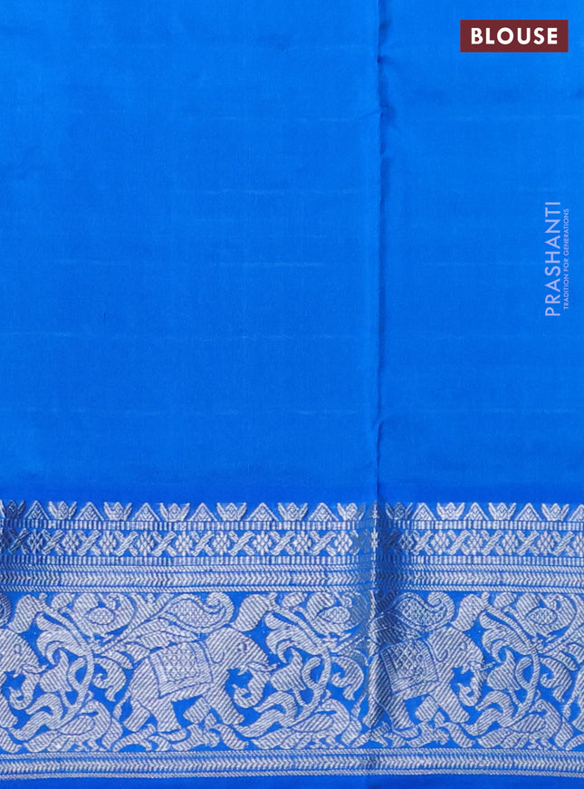 Venkatagiri silk saree sandal and blue with allover silver zari checks & temple buttas and elephant silver zari woven border