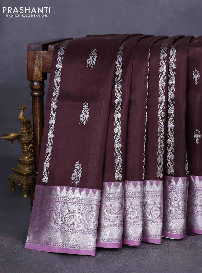 Venkatagiri silk saree coffee brown and pastel purple with allover silver zari weaves & buttas and silver zari woven border