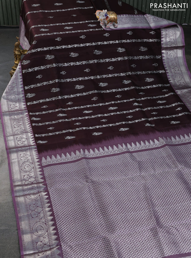 Venkatagiri silk saree coffee brown and pastel purple with allover silver zari weaves & buttas and silver zari woven border