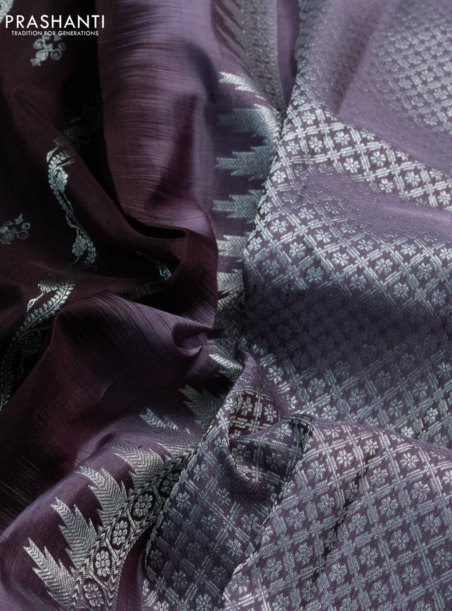 Venkatagiri silk saree coffee brown and pastel purple with allover silver zari weaves & buttas and silver zari woven border