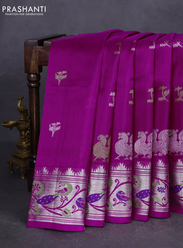 Venkatagiri silk saree purple with silver & gold zari woven buttas and silver zari woven peacock design border