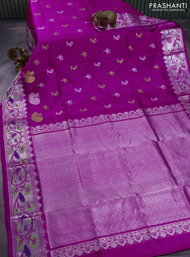 Venkatagiri silk saree purple with silver & gold zari woven buttas and silver zari woven peacock design border