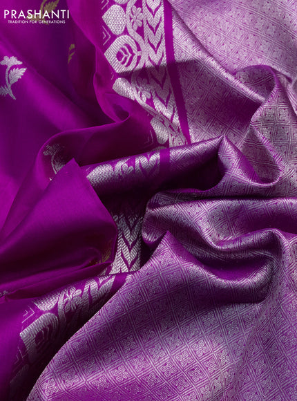 Venkatagiri silk saree purple with silver & gold zari woven buttas and silver zari woven peacock design border