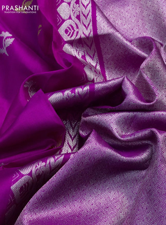 Venkatagiri silk saree purple with silver & gold zari woven buttas and silver zari woven peacock design border