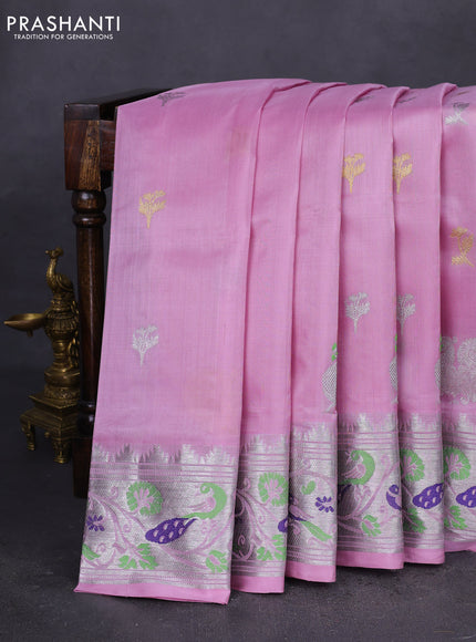Venkatagiri silk saree pastel pink with silver & gold zari woven buttas and silver zari woven peacock design border