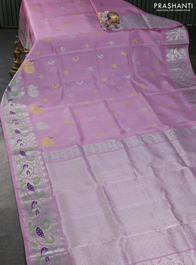 Venkatagiri silk saree pastel pink with silver & gold zari woven buttas and silver zari woven peacock design border