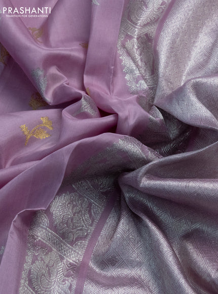 Venkatagiri silk saree pastel pink with silver & gold zari woven buttas and silver zari woven peacock design border