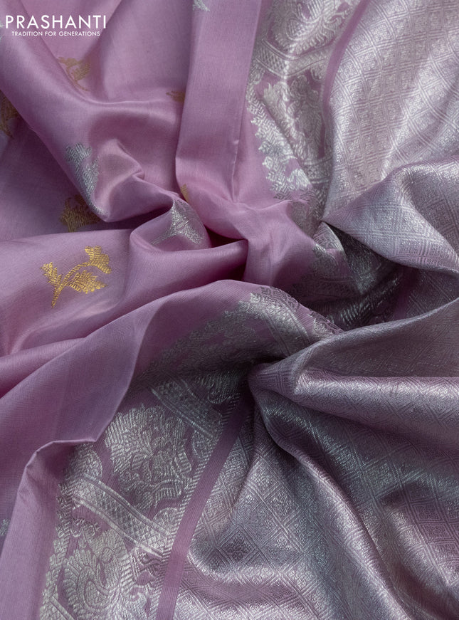 Venkatagiri silk saree pastel pink with silver & gold zari woven buttas and silver zari woven peacock design border